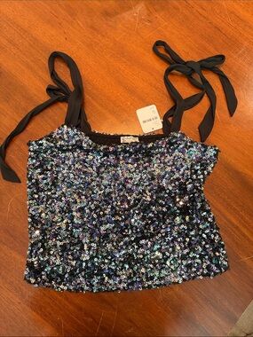 Free People Black Iridescent Sequin Tie-Shoulder Crop Top